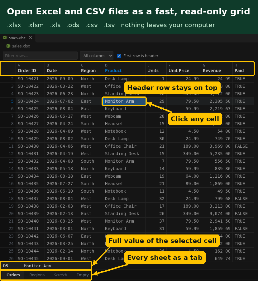 Excel file open in a grid